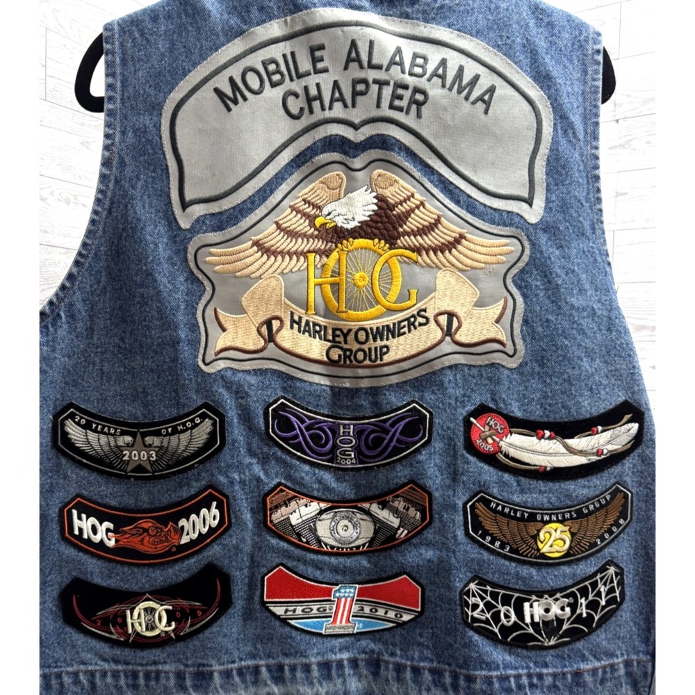 Vintage Harley Davidson Denim Vest 2X Mobile AL Owners Group HOG Sturgis Patches